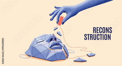 Reconstruction concept, polygon face repair, 3D geometric figure, broken pieces fixing