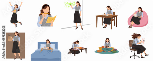 Simple Flat Illustration Set Depicting a Young Woman's Daily Routine and Lifestyle Activities