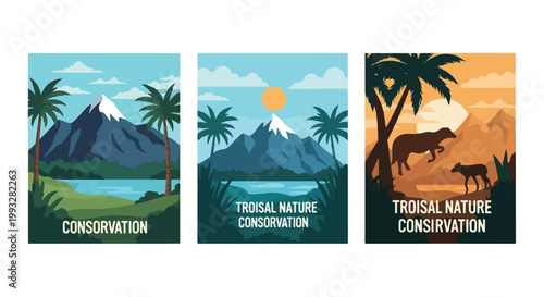 Three stylized vector graphic illustrations depicting conservation themes with mountains, lakes, palm trees, and wildlife silhouettes.