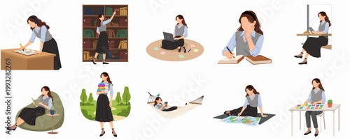 Modern Flat Illustration Set of Young Woman Learning Studying Reading and Working Activities Lifestyle Collection