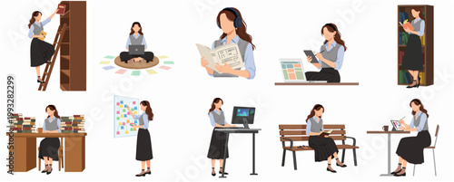 Flat Modern Character Illustration Set Young Woman Reading Studying Working Lifestyle Activities