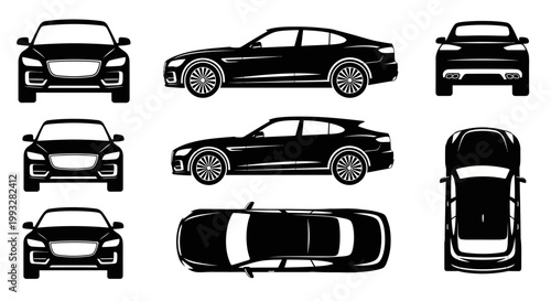 Set of Black Car Silhouettes: Front, Side, Top Views of Sedan and SUV