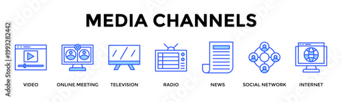 Media Channels  Banner Web  Icon Set Collection Pack Vector Illustration Concept Containing Video, Online Meeting, Television, Radio, News, Social Network, Internet