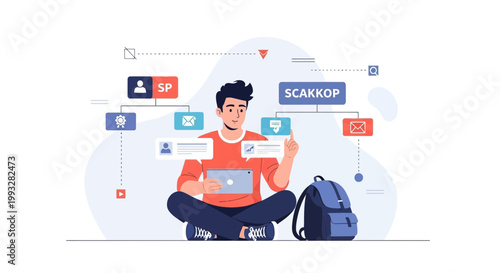 Young man with tablet and backpack surrounded by digital icons, concept of online communication and education