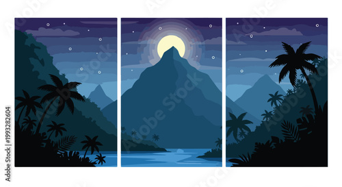 Stylized vector illustration of a tropical mountain landscape under a bright full moon at dark night