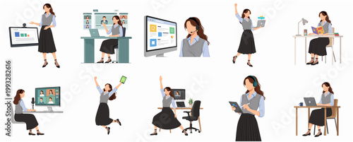 Modern Flat Illustration Collection of Young Professional Woman Working, Learning, Communicating, and Celebrating Success in Business Activities