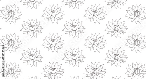 Elegant black and white lotus flower seamless pattern featuring hand-drawn botanical sketches for textile design, calming yoga studio wallpaper, 
