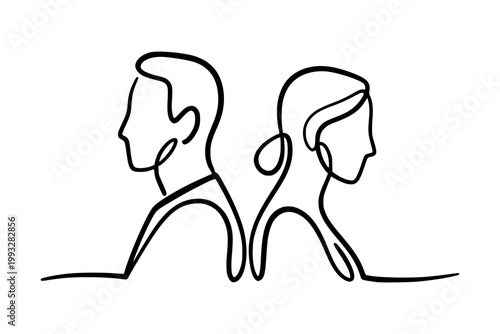 Two people drawn in continuous line style facing away from each other on a white background, symbolizing distance and separation. Concept of divorce, misunderstanding in family.