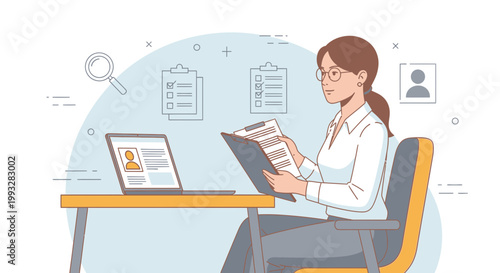 Woman reviewing documents at desk with laptop and magnifying glass, business concept