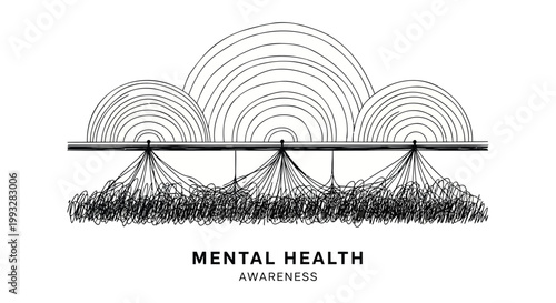 Mental Health Awareness, Mindfulness Vector Illustration, Psychology Symbol, Black and White Line Art