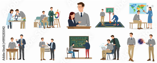 Modern Flat Illustration Set of Diverse Characters Engaged in Education, Mentorship, and Professional Development Activities
