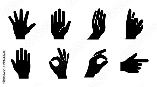 Black hand silhouette icons set, human hand gestures and finger signs collection, 8 vector arm symbols for communication and web design