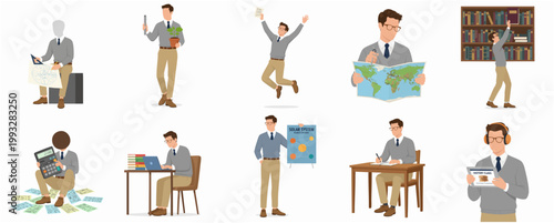 Modern Flat Design Male Character Performing Multitasking Daily Life Activities Set Illustration