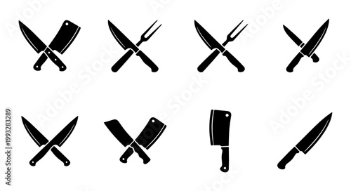 Professional kitchen knife icons, set of 8 black butcher cleaver and chef knife silhouettes, crossed culinary tools for restaurant branding and menu design