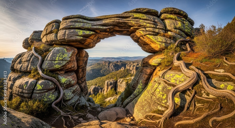 Fototapeta premium A stunning natural rock arch with tree roots growing around it in a beautiful landscape