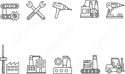 Industrial factory, tools, machinery, forklift, drill
