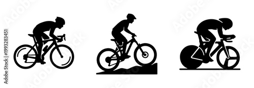 Cyclist silhouette vector set, professional road bike racer and mountain biker icons, black bicycle athlete graphics for sports competition