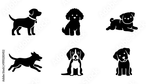 Minimalist dog breed silhouette icons, black and white puppy vector set of 6, cute pet animal graphics for veterinary and grooming branding