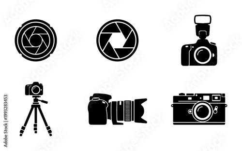 Photography equipment icon set, professional camera and lens vector silhouettes, digital slr and vintage film camera symbols, tripod and flash icons