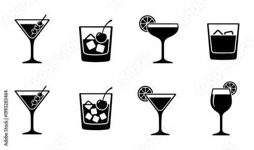 Minimalist cocktail icon set, black and white alcoholic beverage symbols, 8 vector drink illustrations for bar menus and restaurant signage