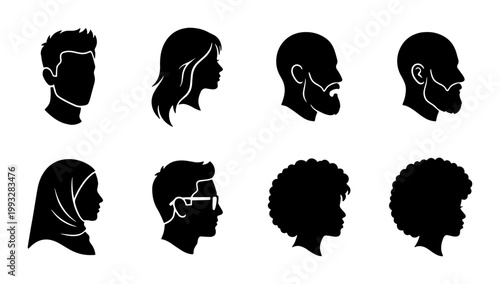 Minimalist human profile silhouettes, diverse people head icons set, black avatar vector collection of 8 male and female faces for social media
