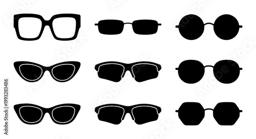 Black sunglasses silhouette icons set, 9 fashion eyewear vector elements, stylish sun glasses frames for summer vacation and optical shop branding