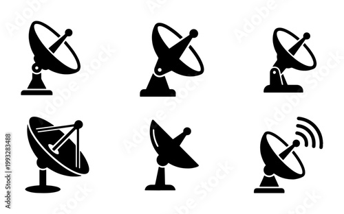 Satellite dish icon set, black parabolic antenna vector collection, telecommunication signal receiver symbols for global broadcasting and space research