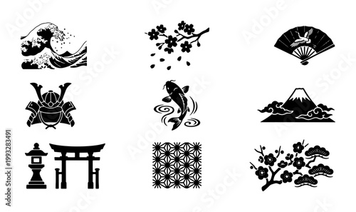 Japanese traditional culture icons set, black silhouette oriental symbols including koi fish and cherry blossoms, 9 vector design elements for travel branding