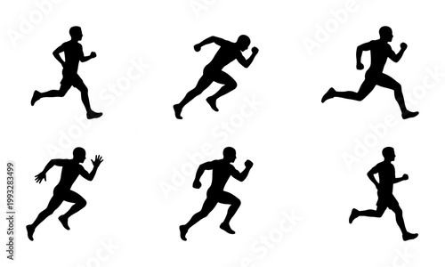 Running man silhouettes set, athletic male runner sprinting icons, black vector figures of people jogging and racing for sports design