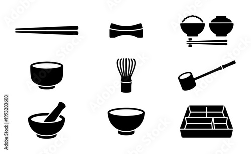 Japanese kitchenware icon set, traditional dining utensils and tea ceremony tools vector, black minimalist bento box and matcha whisk symbols