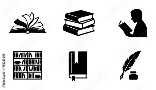 Minimalist book icon set with 6 black vector elements, library and reading symbols, literature and education graphics for publishing and school design