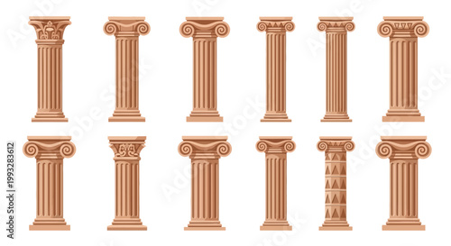 Set of various ancient Greek and Roman column capitals and bases on white background