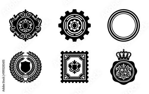 Vintage heraldic crests and emblems set, 6 black vector icons including shield, crown, gear, and laurel wreath, classic royal insignia for branding