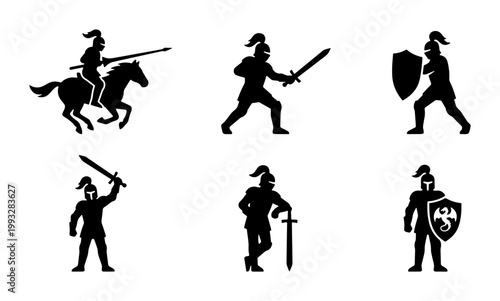 Medieval knight silhouette set, 6 warrior icons with swords and shields, ancient armored soldiers in combat poses, black vector illustrations for gaming