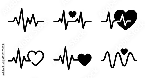 Minimalist heartbeat line icons set, black EKG pulse wave with heart shapes, medical electrocardiogram vector symbols for healthcare and fitness apps