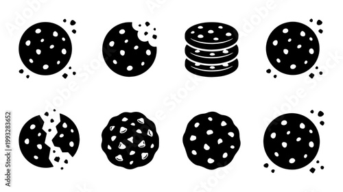 Chocolate chip cookie icon set, black and white biscuit vector illustrations, 8 sweet snack elements with bitten and broken cookies