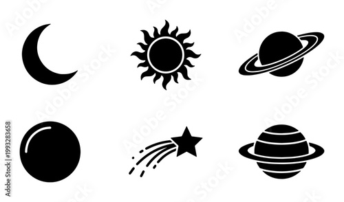 Celestial space icons set, black silhouette astronomy symbols including sun moon and planets, minimalist galaxy vector elements for web design
