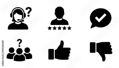Customer service icon set, black flat vector symbols for support and feedback, 6 business communication icons for user experience and rating