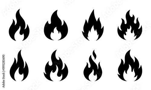 Black fire flame icons set, minimalist bonfire silhouette vector collection, 8 burning heat symbols for logo design and safety signage