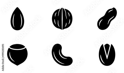 Minimalist nut icon set with 6 black vector symbols, organic food silhouettes including almond, walnut, peanut, hazelnut, cashew and pistachio