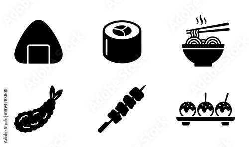 Japanese food icon set with 6 black vector elements, sushi and ramen bowl illustrations, traditional asian cuisine symbols for restaurant menus
