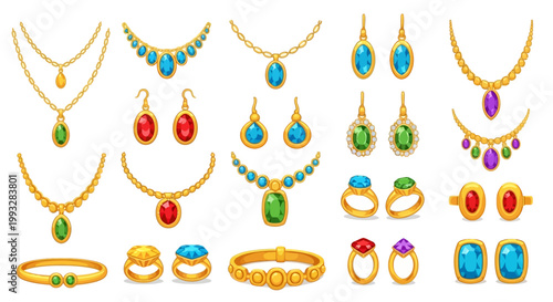 Flat lay of various colorful jewelry pieces with gemstones on a white background.