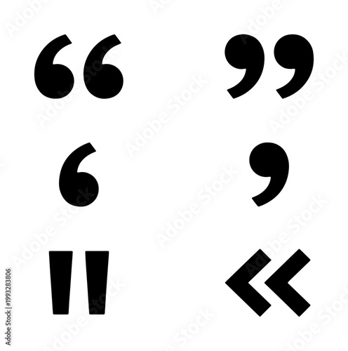 Black quotation marks icon set, minimalist speech bubble punctuation symbols, vector quote signs for text citation and dialogue design