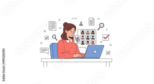 Woman working on laptop with video conference and documents, remote work concept