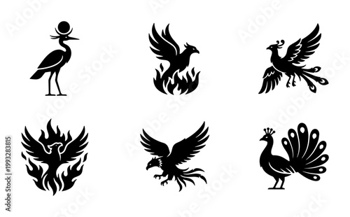 Mythical phoenix and sacred bird silhouettes, set of 6 black vector icons, ancient egyptian heron and peacock symbols for logo design