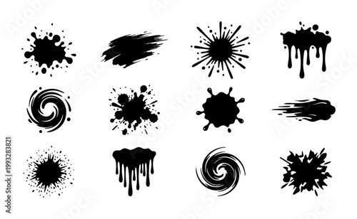 Grunge black ink splatters and paint drips, set of 12 vector brush strokes and liquid splashes, artistic ink blot collection for graphic design