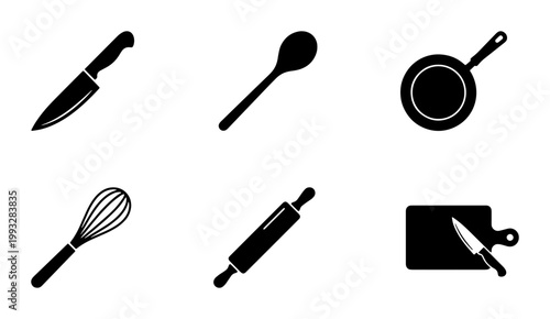 Minimalist kitchen utensils icon set, black silhouette cooking tools collection, 6 vector culinary equipment symbols for restaurant menu design