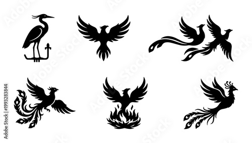 Mythical phoenix bird silhouettes set, black firebird and heron icons, 6 vector graphic elements for logo design and tattoo art