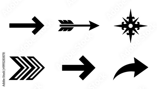 Minimalist black arrow icon set, directional navigation symbols and compass rose, 6 vector elements for web interface and wayfinding design