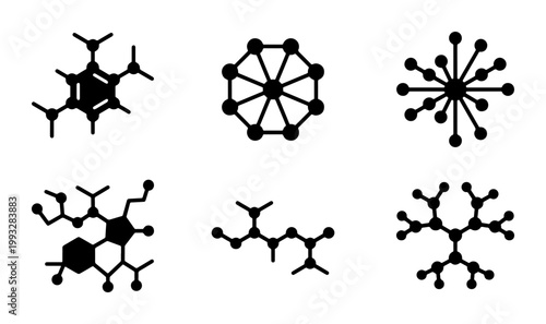 Molecular structure icons set, black chemical formula silhouettes, scientific atom and bond vector elements for laboratory research and education